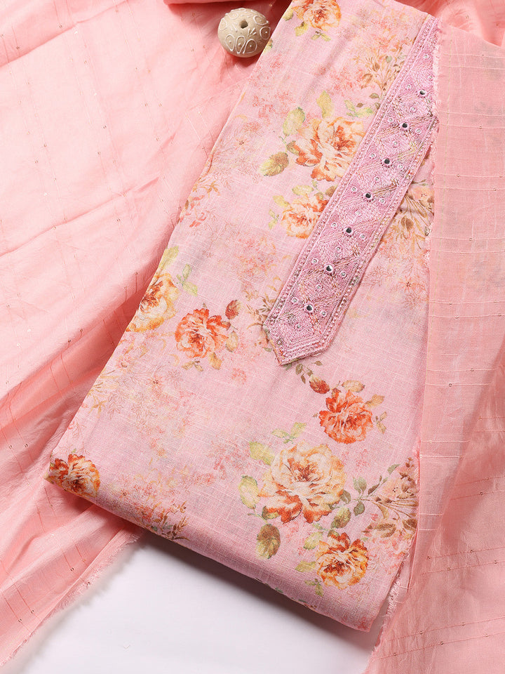 Floral Printed Linen Unstitched Suit With Dupatta