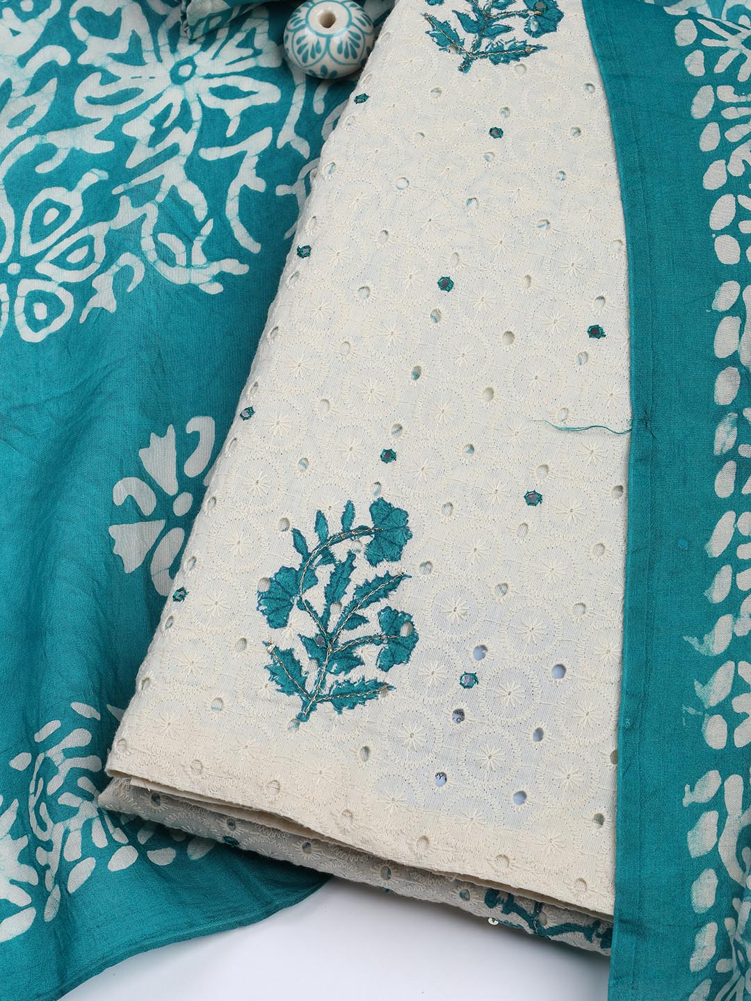 Schiffli Embroidery Cotton Blend Unstitched Suit With Dupatta