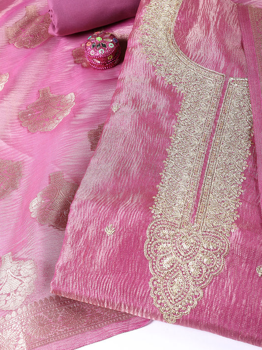 Neck Embroidered Tissue Unstitched Suit Piece With Dupatta