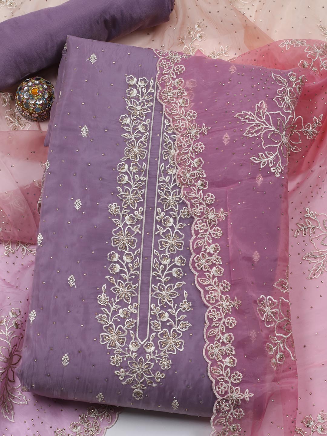 Neck Embroidery Organza Unstitched Suit Piece With Dupatta