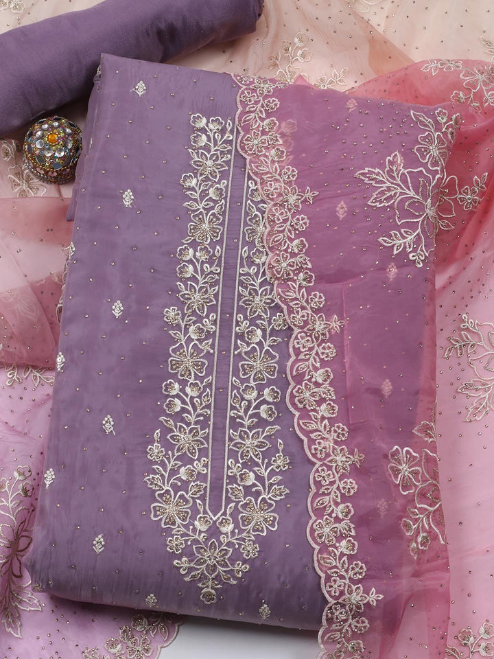 Neck Embroidery Organza Unstitched Suit Piece With Dupatta