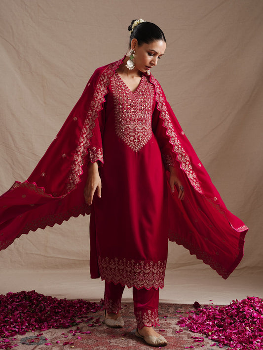 Neck Embroidered Velvet Kurta With Pants & Dupatta