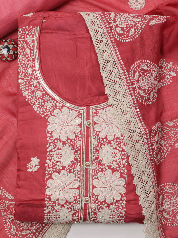 Thread Embroidery Cotton Blend Unstitched Suit With Dupatta