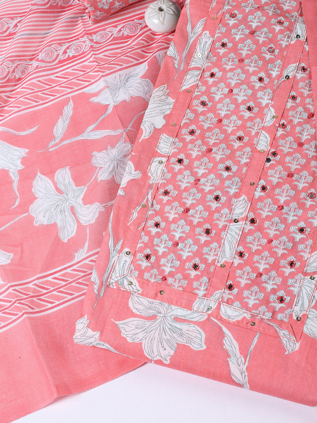Neck Patti Cotton Blend Unstitched Suit With Dupatta