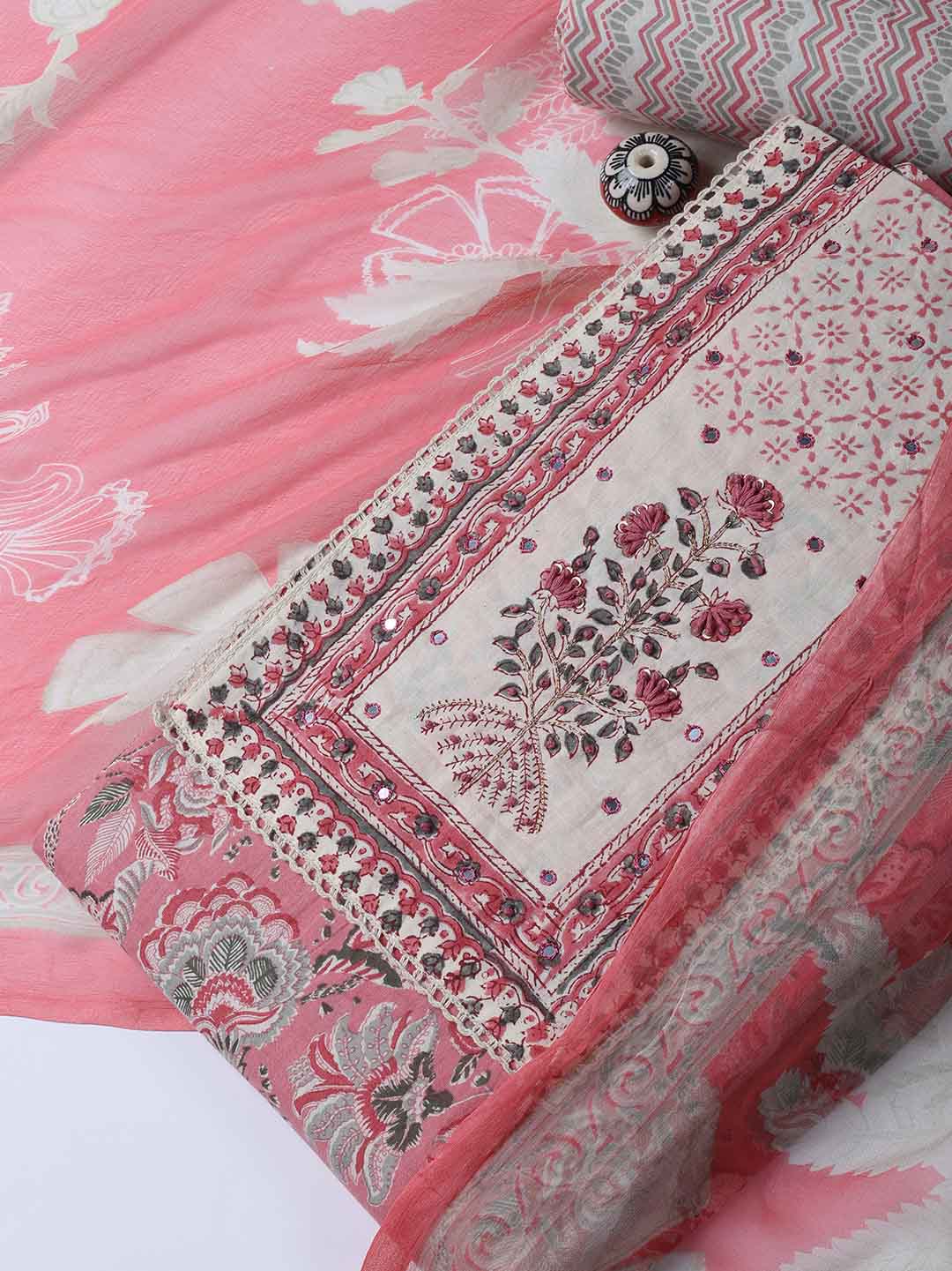 Neck Work Cotton Blend Unstitched Suit With Dupatta