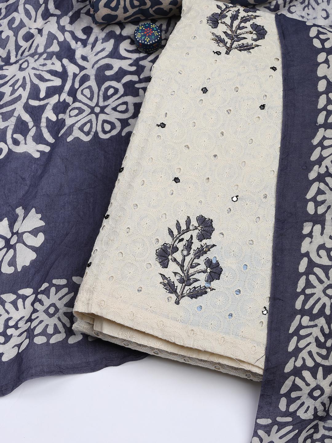 Schiffli Embroidery Cotton Blend Unstitched Suit With Dupatta