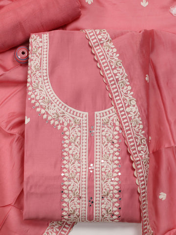 Neck Embroidered Chanderi Unstitched Suit With Dupatta