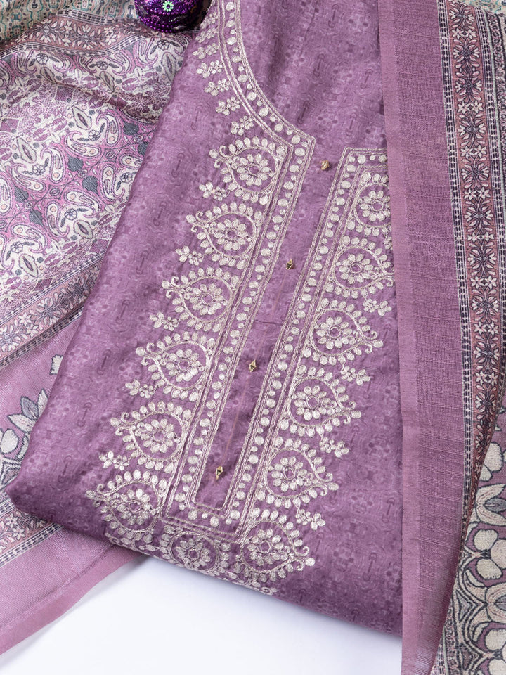 Neck Embroidery Chanderi Unstitched Suit With Dupatta