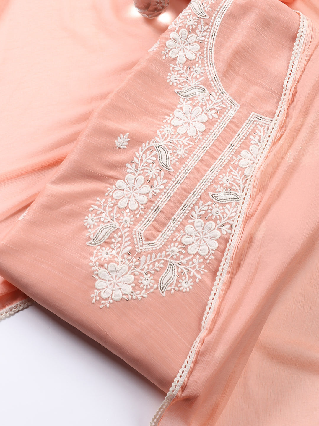 Neck Embroidered Chanderi Unstitched Suit With Dupatta