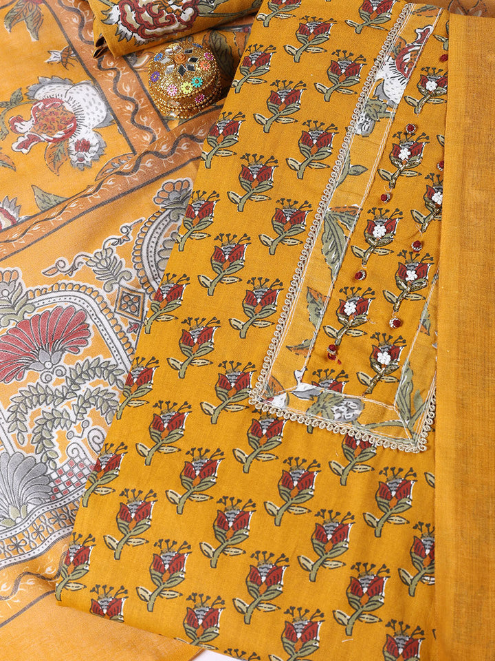 Printed Cotton Blend Unstitched Suit With Dupatta
