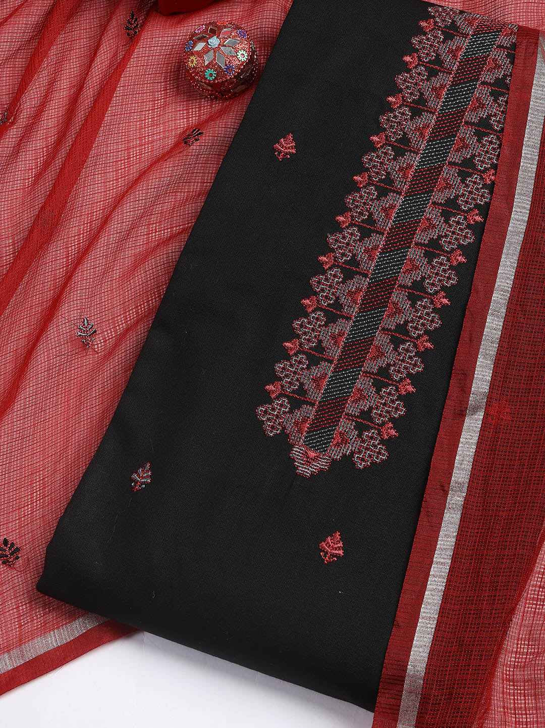 Neck Embroidered Cotton Blend Unstitched Suit With Dupatta