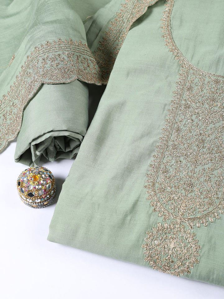 Neck Embroidered Chanderi Unstitched Suit Piece With Dupatta