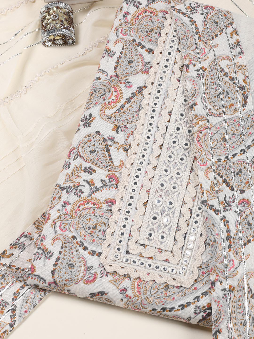 Neck Embroidered Chanderi Unstitched Suit Piece With Dupatta