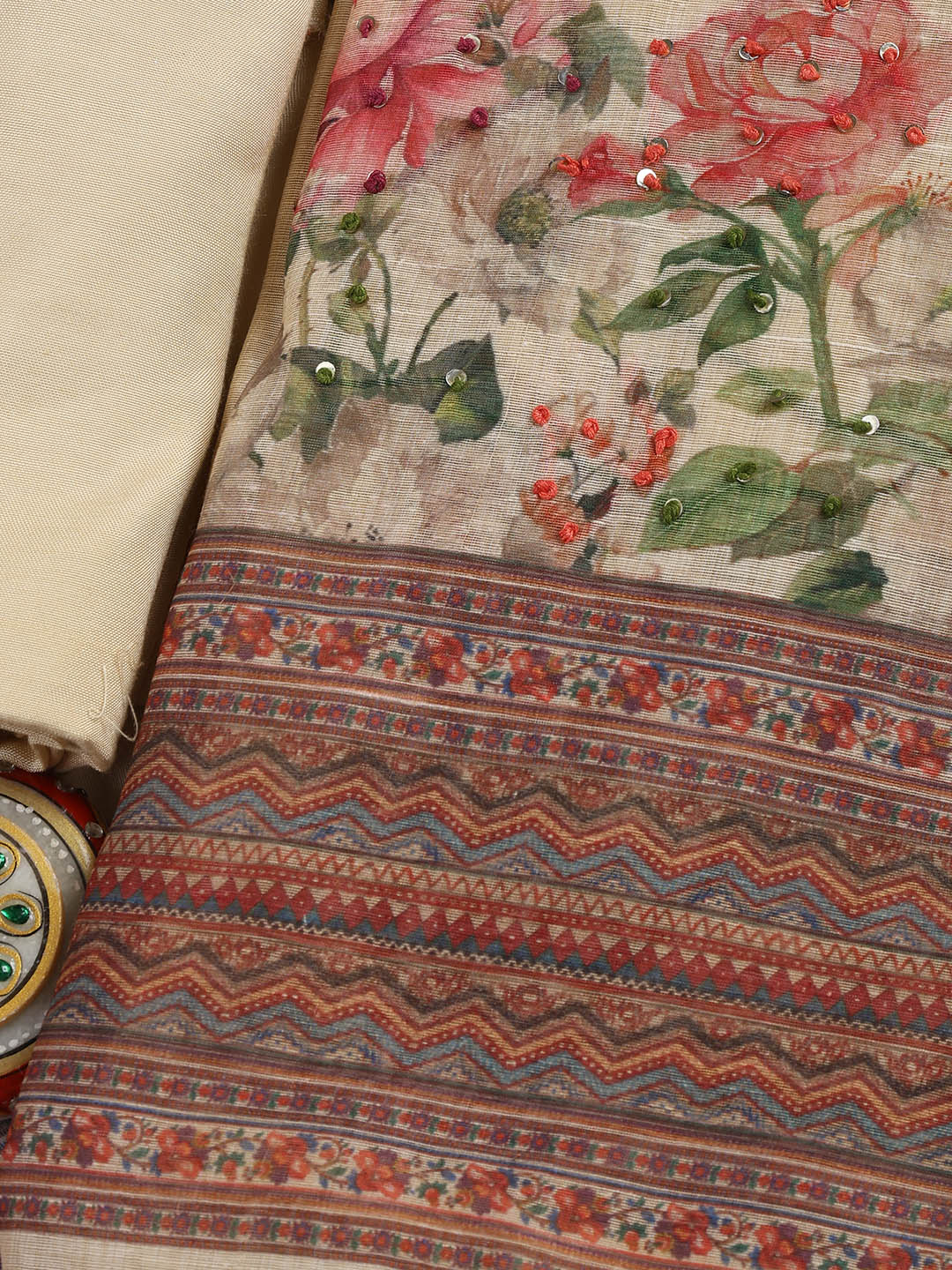 Printed Chanderi Unstitched Suit Piece With Dupatta