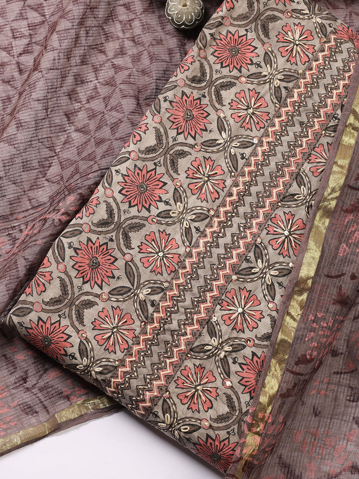 Printed Cotton Blend Unstitched Suit With Dupatta