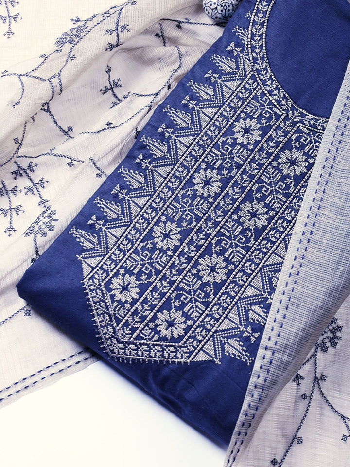 Neck Embroidered Cotton Blend Unstitched Suit Piece With Dupatta