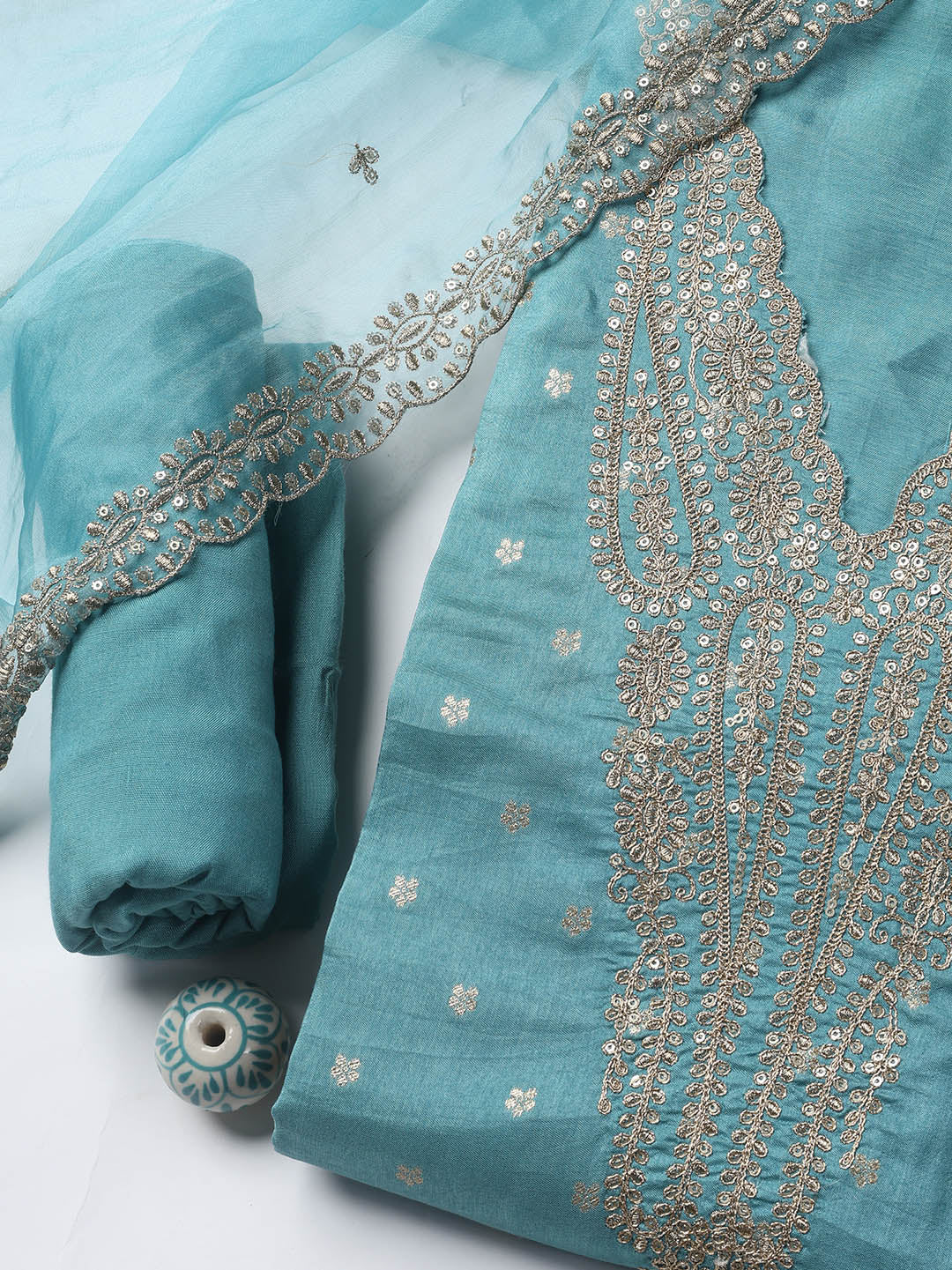 Neck Embroidery Chanderi Unstitched Suit With Dupatta
