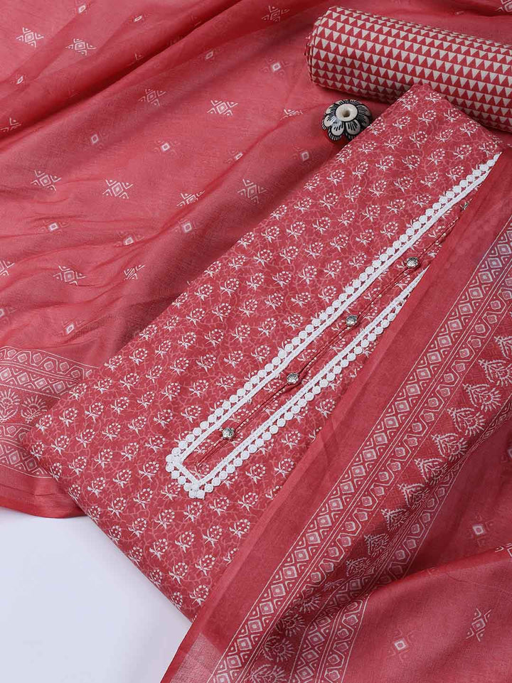 Neck Work Cotton Blend Unstitched Suit With Dupatta