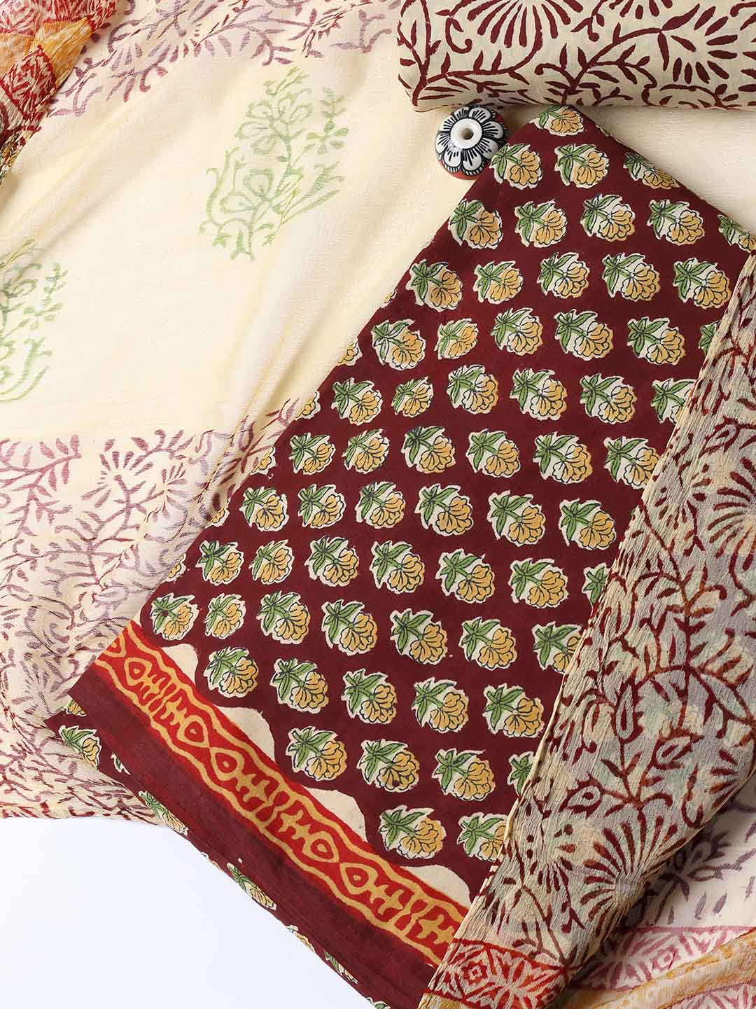 Printed Cotton Blend Unstitched Suit With Dupatta