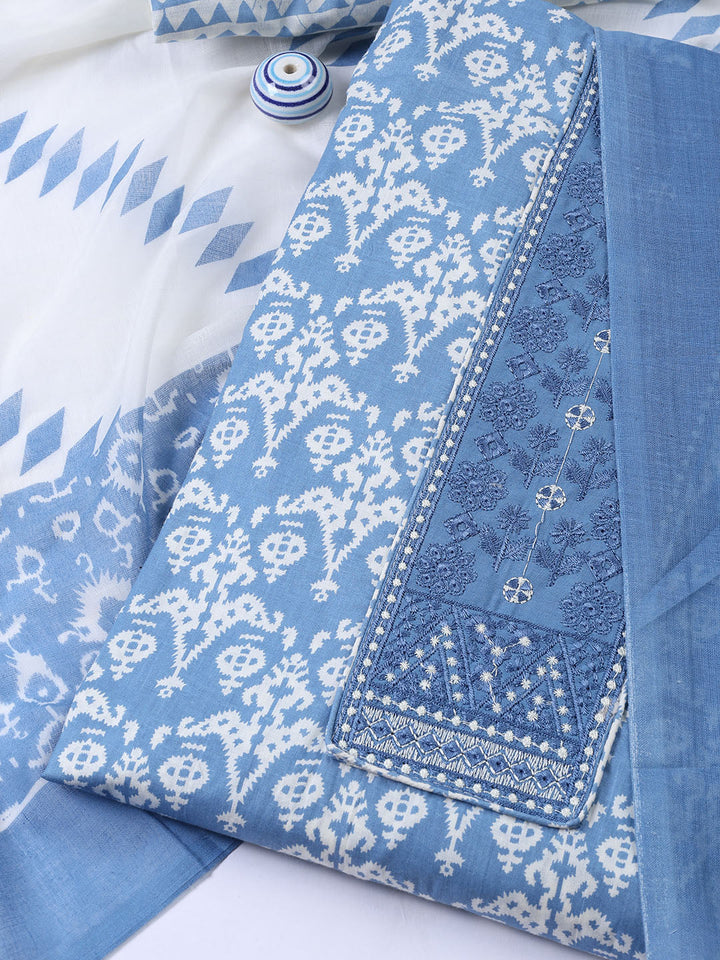 Printed Cotton Blend Unstitched Suit With Dupatta