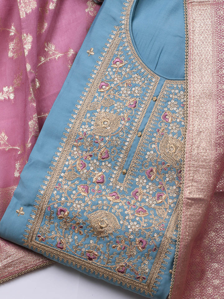 Neck Embroidery Chanderi Unstitched Suit With Dupatta