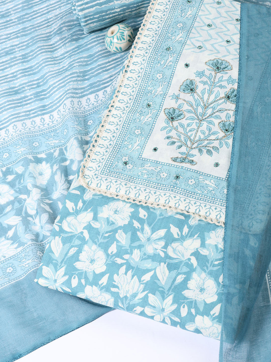 Printed Cotton Blend Unstitched Suit With Dupatta
