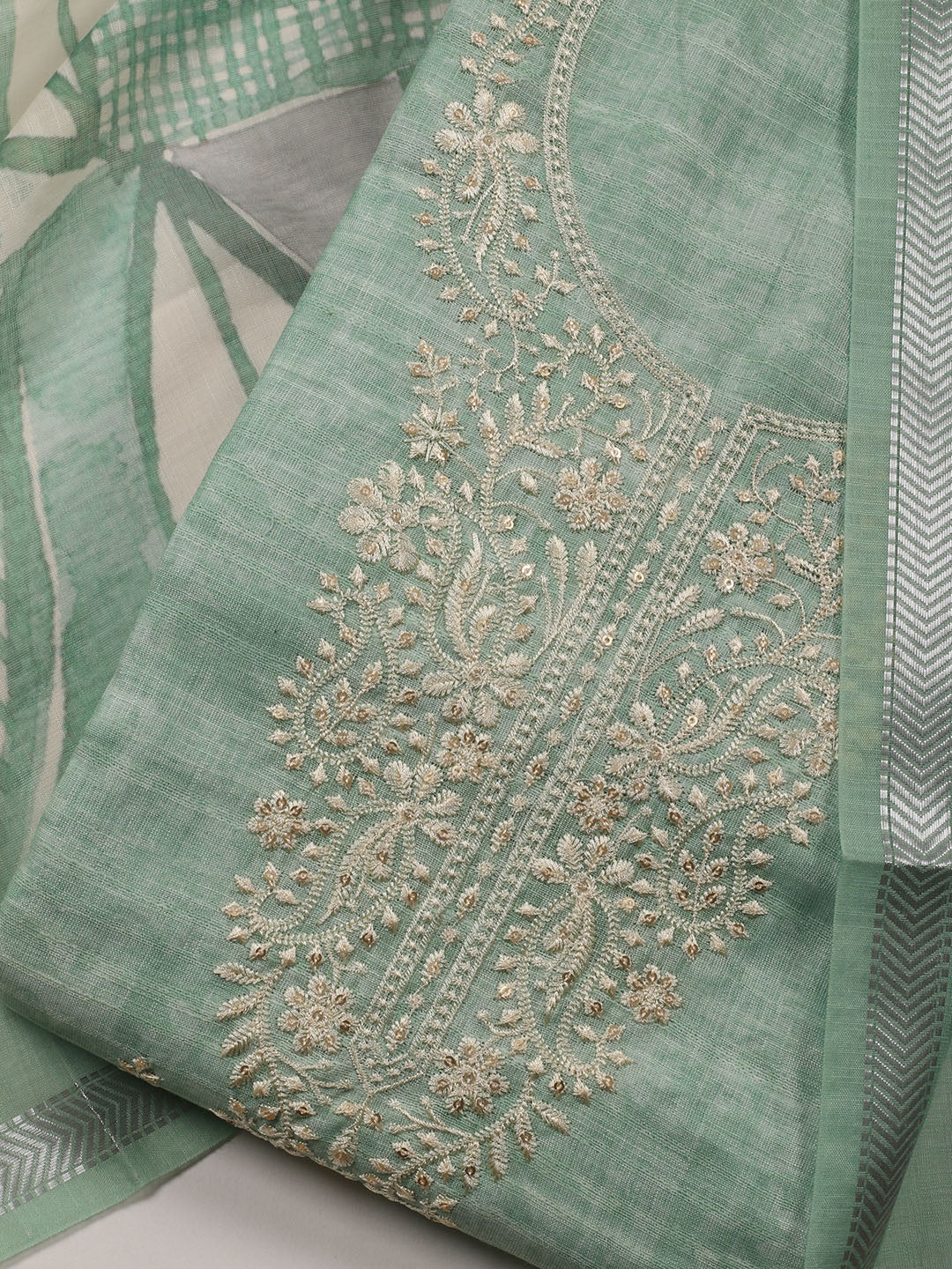 Neck Embroidered Chanderi Unstitched Suit With Dupatta