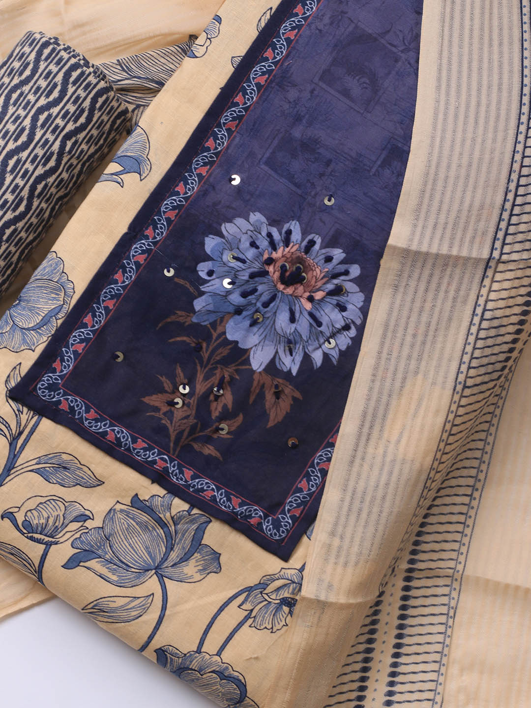 Printed Cotton Blend Unstitched Suit With Dupatta