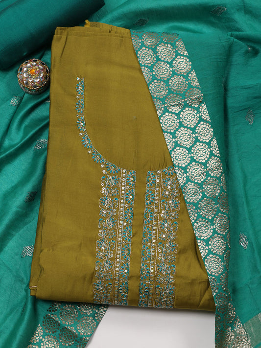 Neck Embroidered Chanderi Unstitched Suit Piece With Dupatta