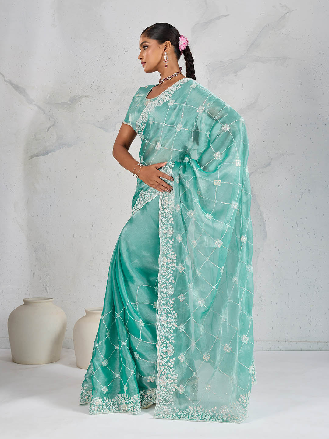 Sequence Embroidery Organza Saree