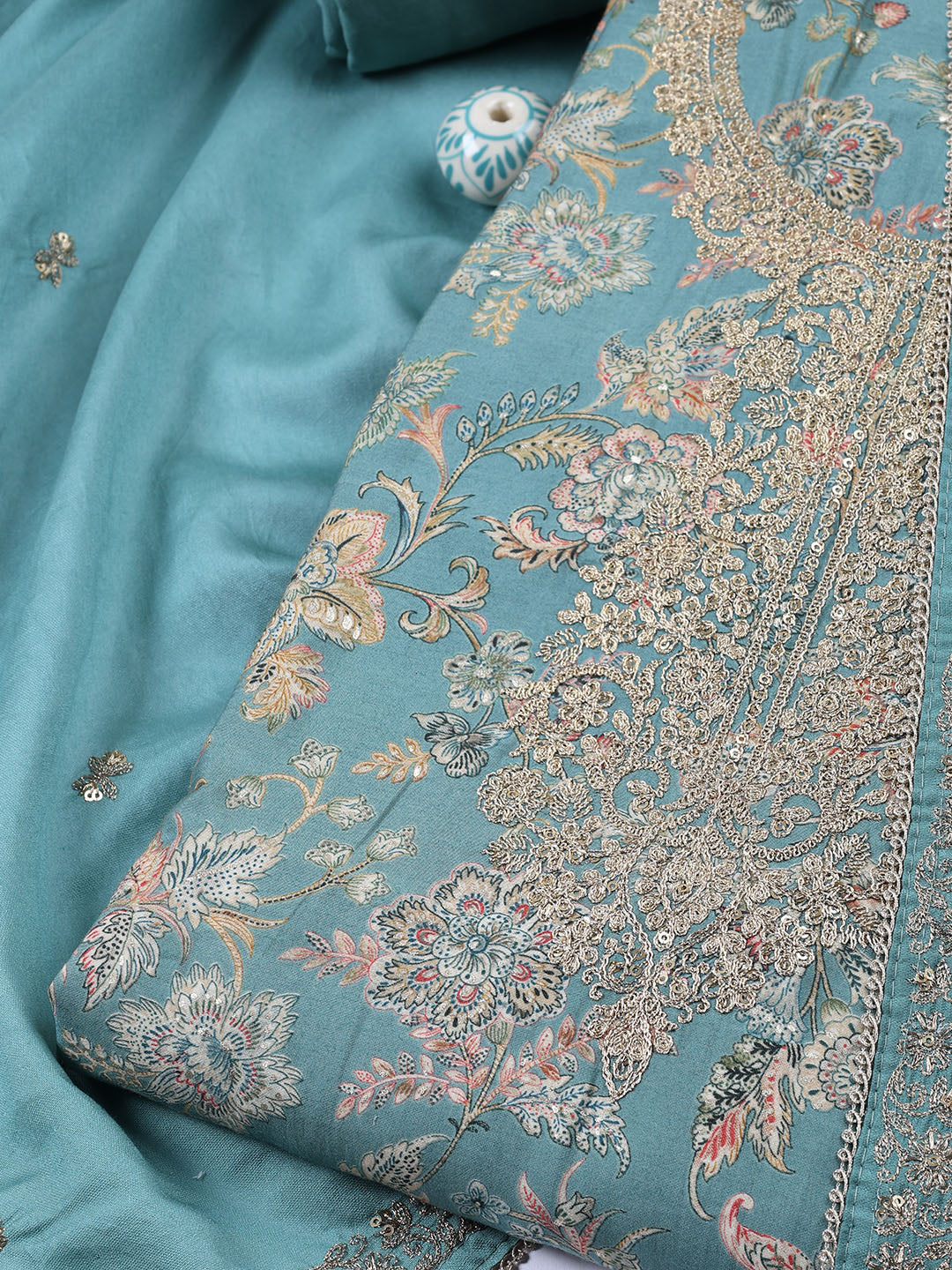 Neck Embroidered Cotton Blend Unstitched Suit With Dupatta