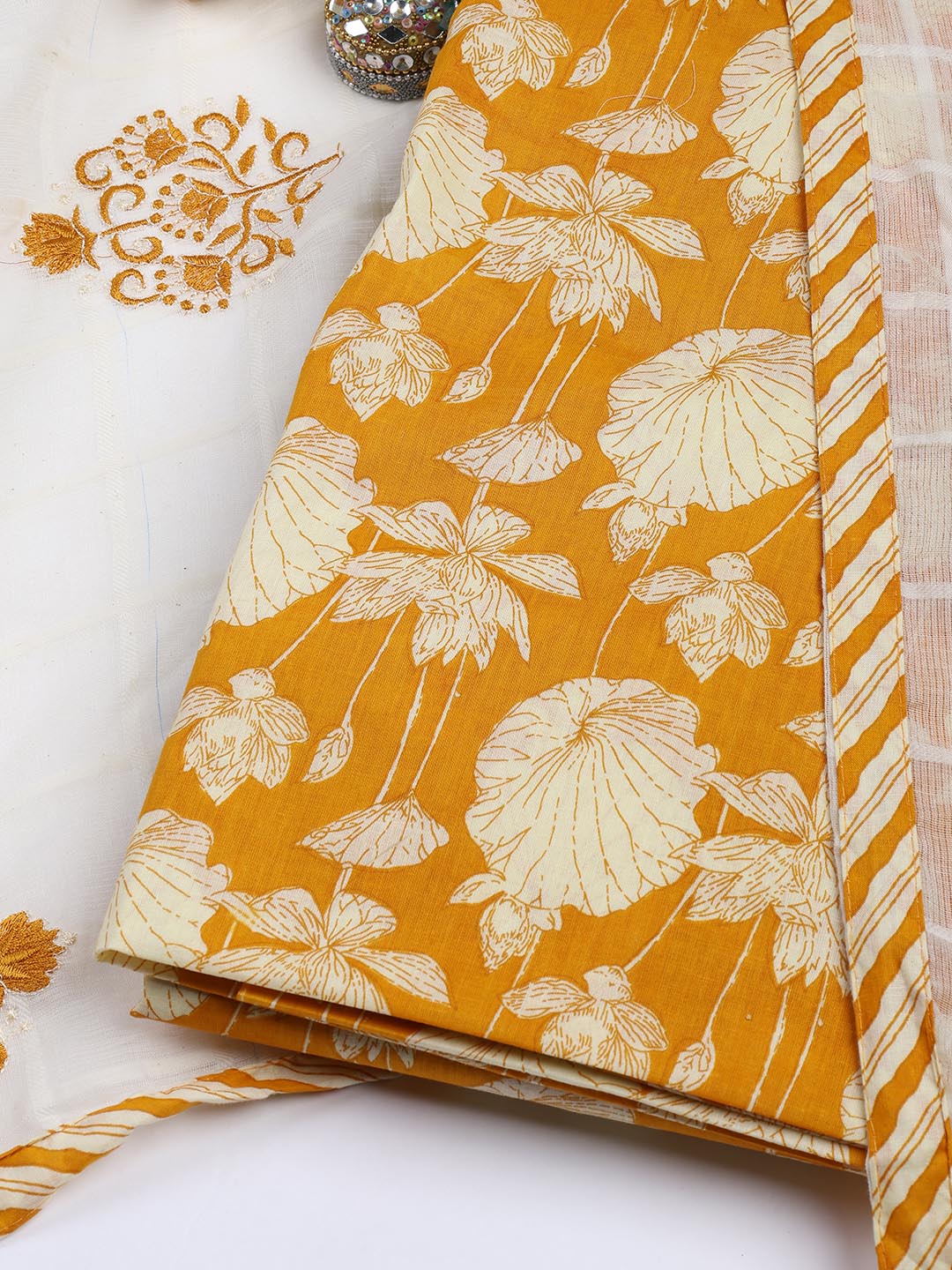Printed Cotton Blend Unstitched Suit With Dupatta