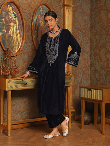 Zari Neck Embroidered Velvet Kurta With Pants