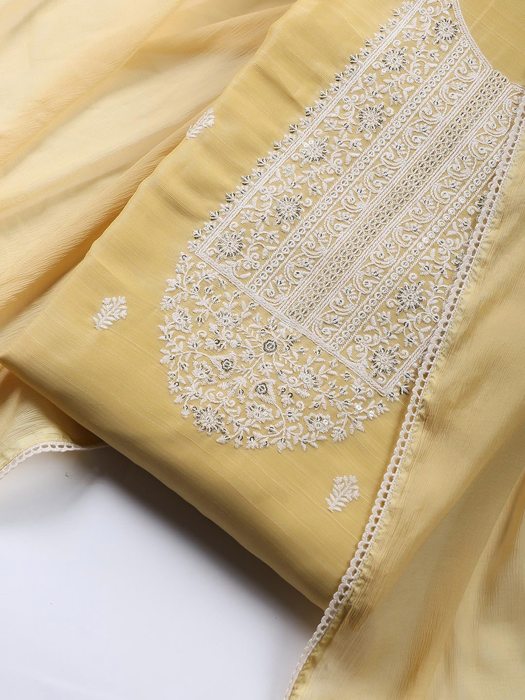 Neck Embroidered Chanderi Unstitched Suit With Dupatta