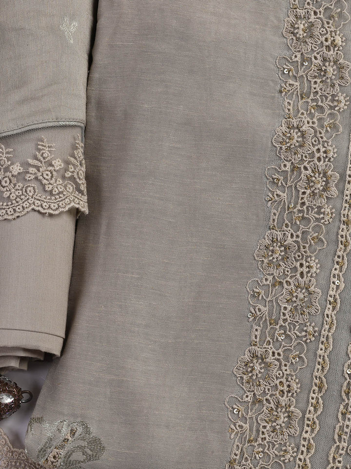 Embroidery Linen Unstitched Suit With Dupatta