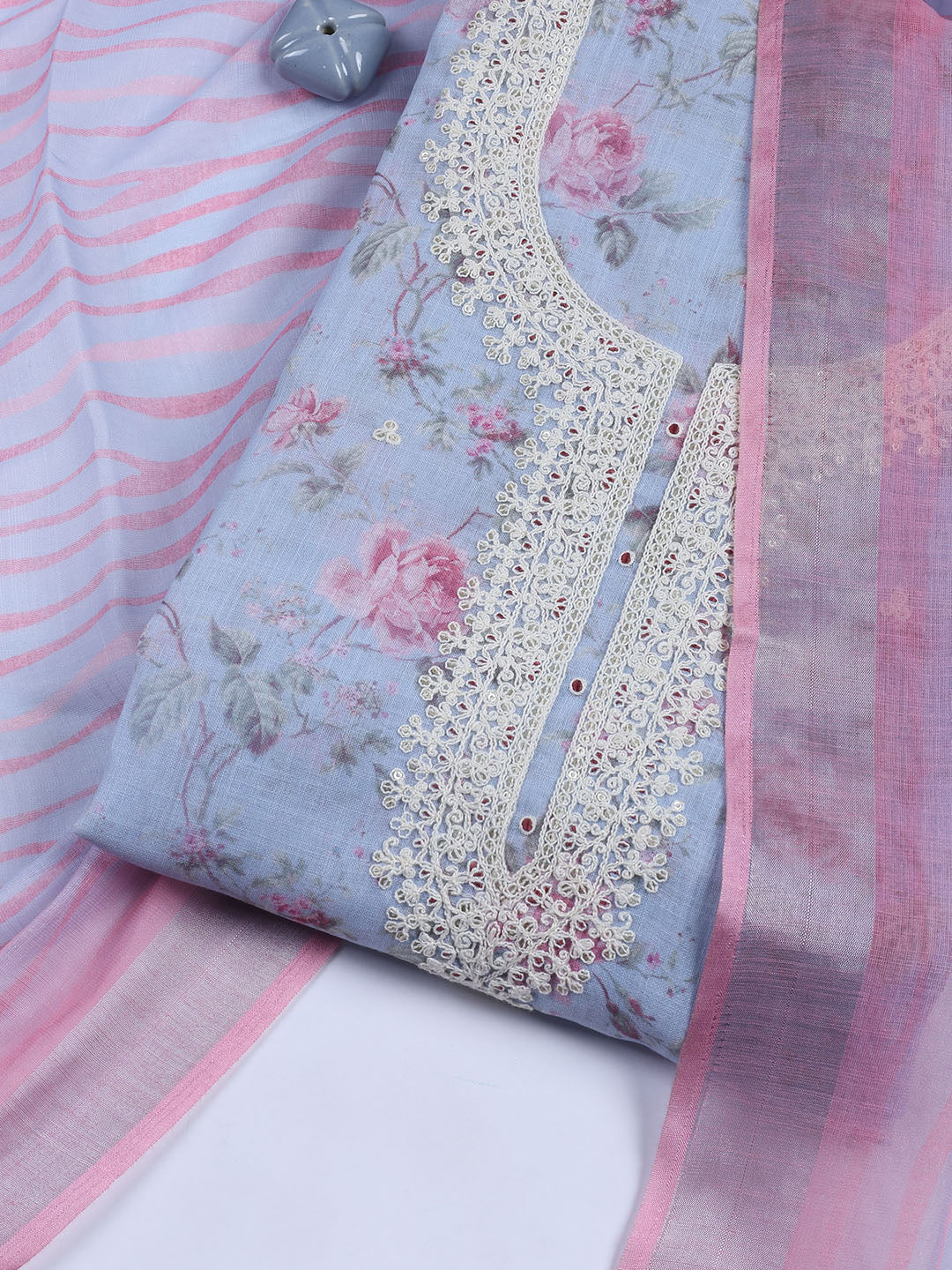 Floral Printed Linen Unstitched Suit With Dupatta