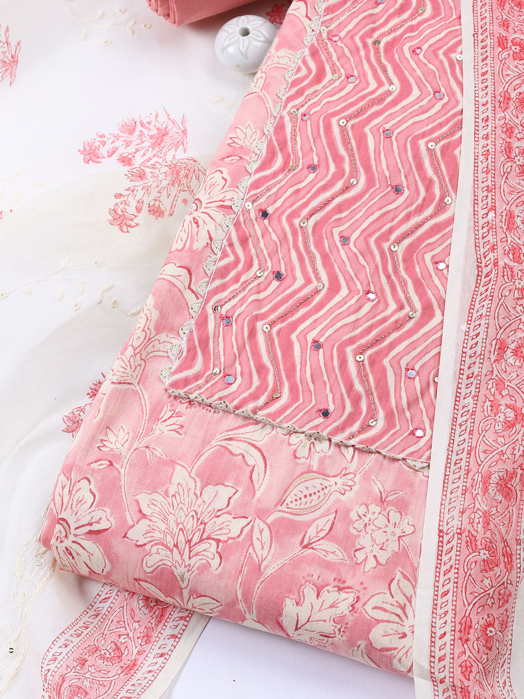 Neck Embroidered Cotton Blend Unstitched Suit With Dupatta