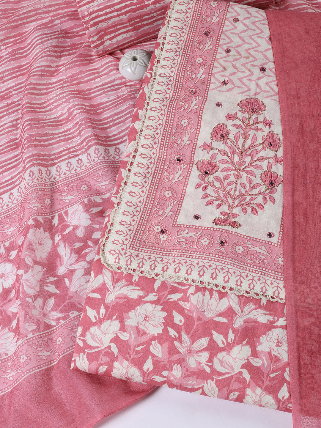Printed Cotton Blend Unstitched Suit With Dupatta