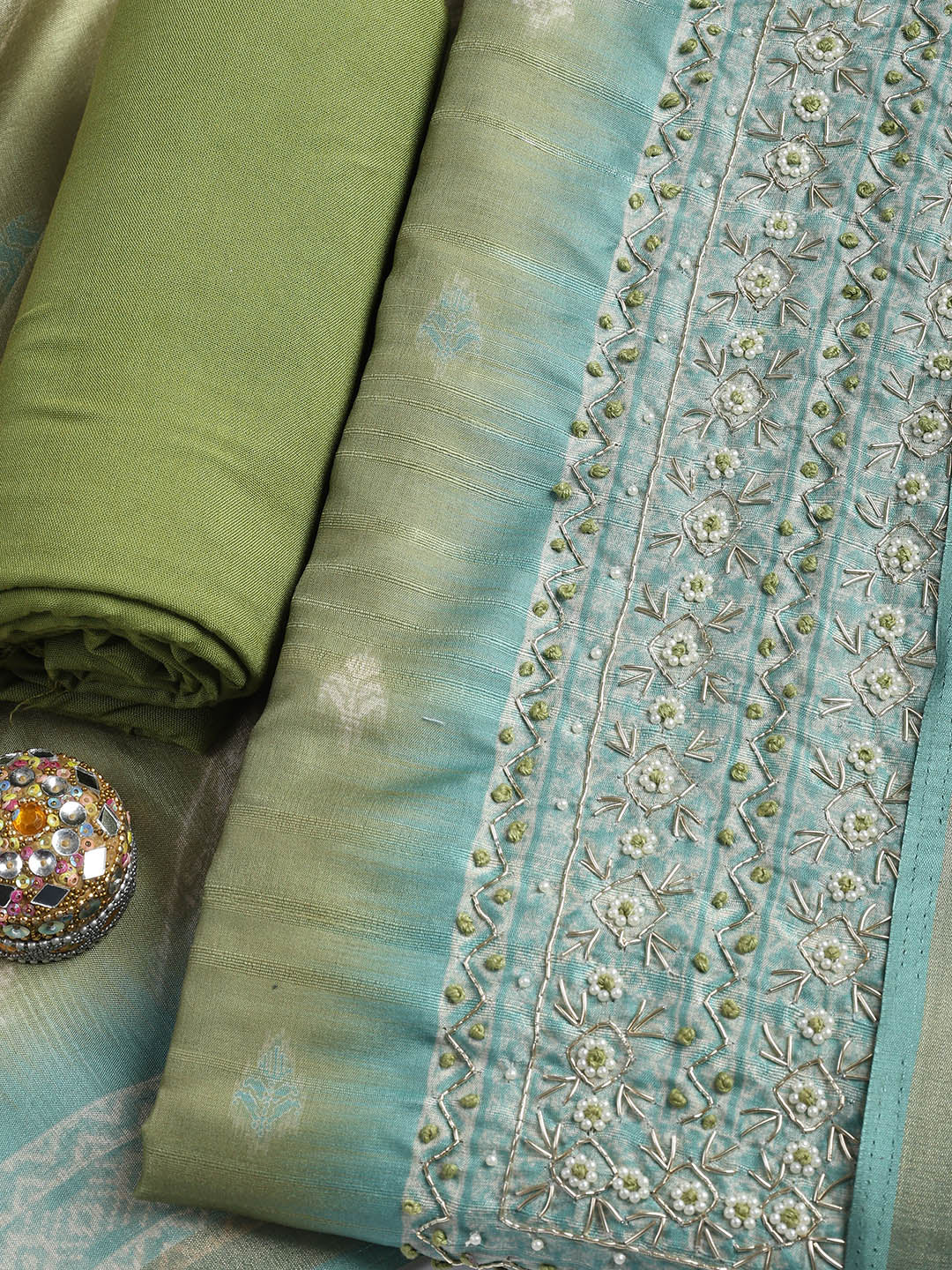 Embroidered Chanderi Unstitched Suit Piece With Dupatta