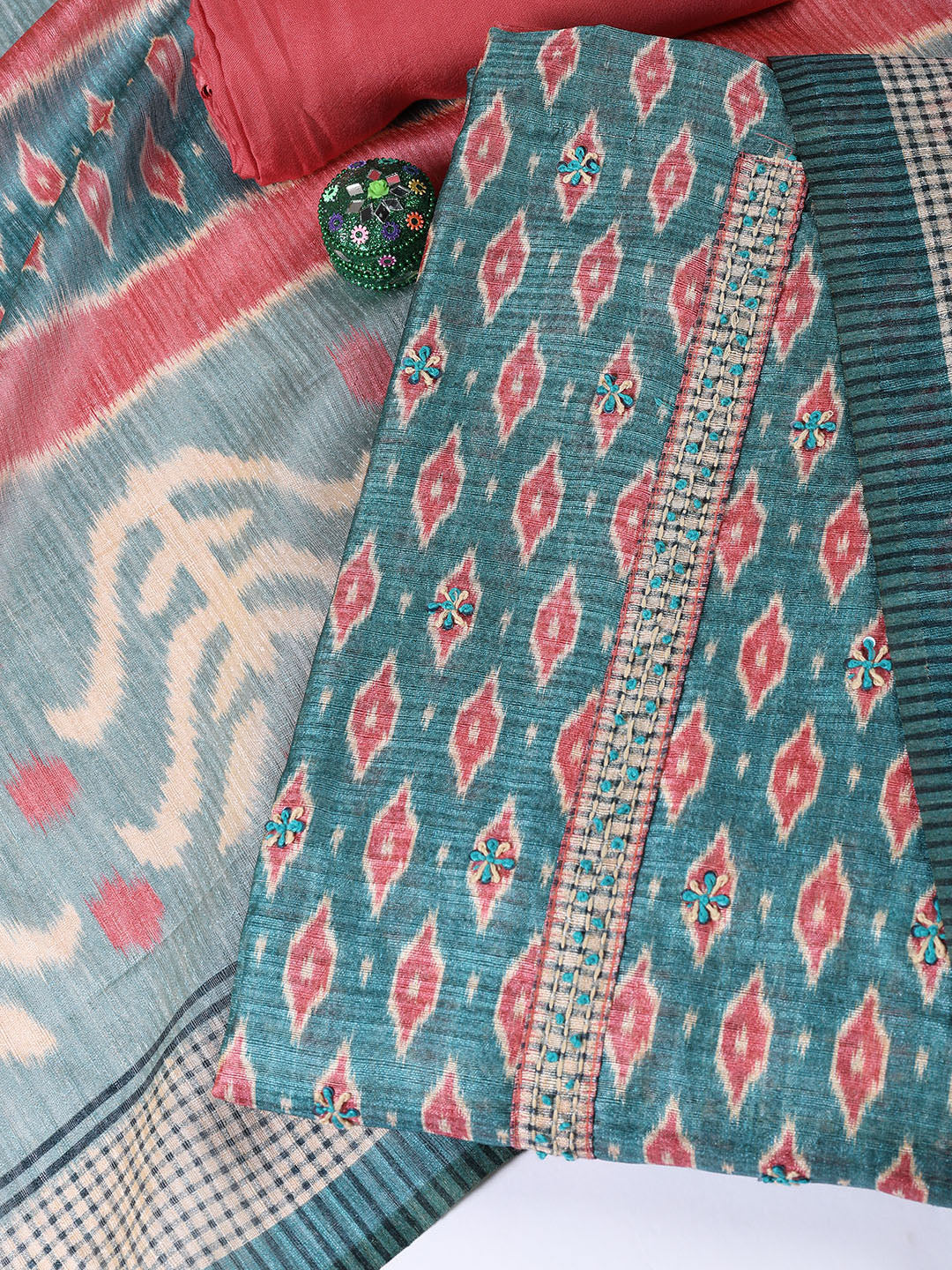 Kantha Work Chanderi Unstitched Suit With Dupatta