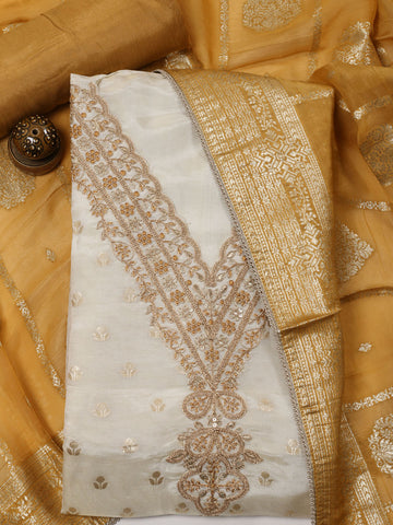 Neck Embroidery Chanderi Unstitched Suit With Dupatta