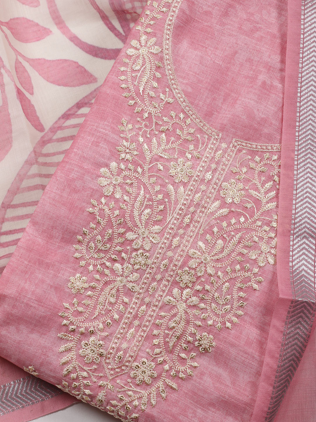 Neck Embroidered Chanderi Unstitched Suit With Dupatta