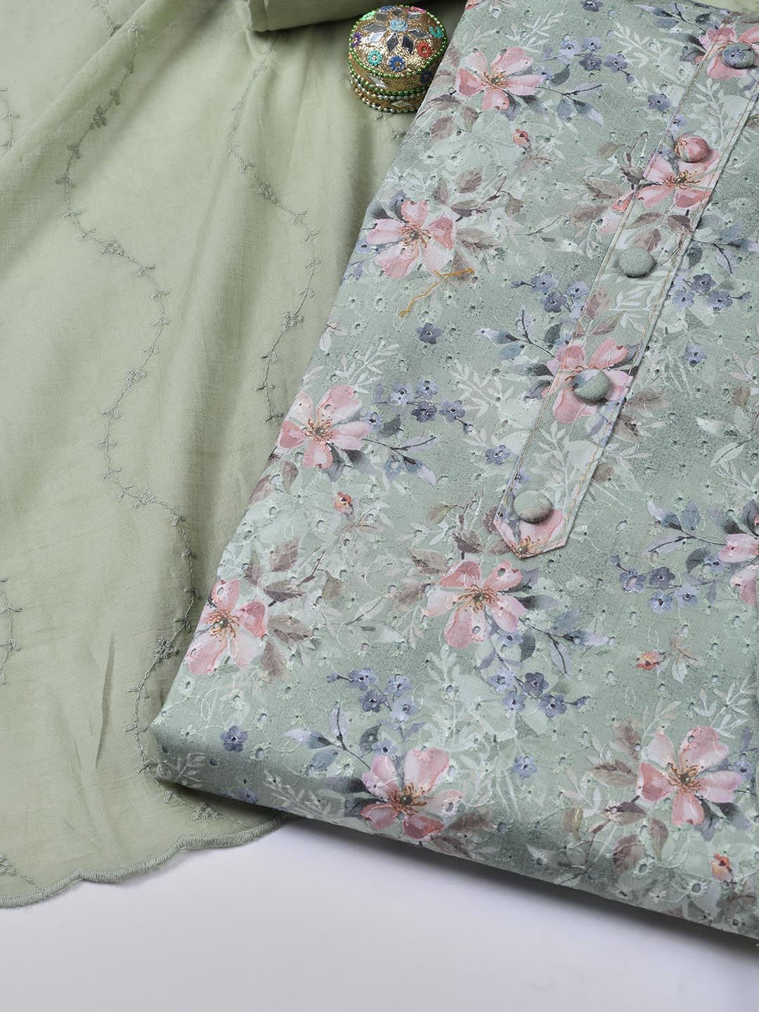 Printed Cotton Blend Unstitched Suit With Dupatta