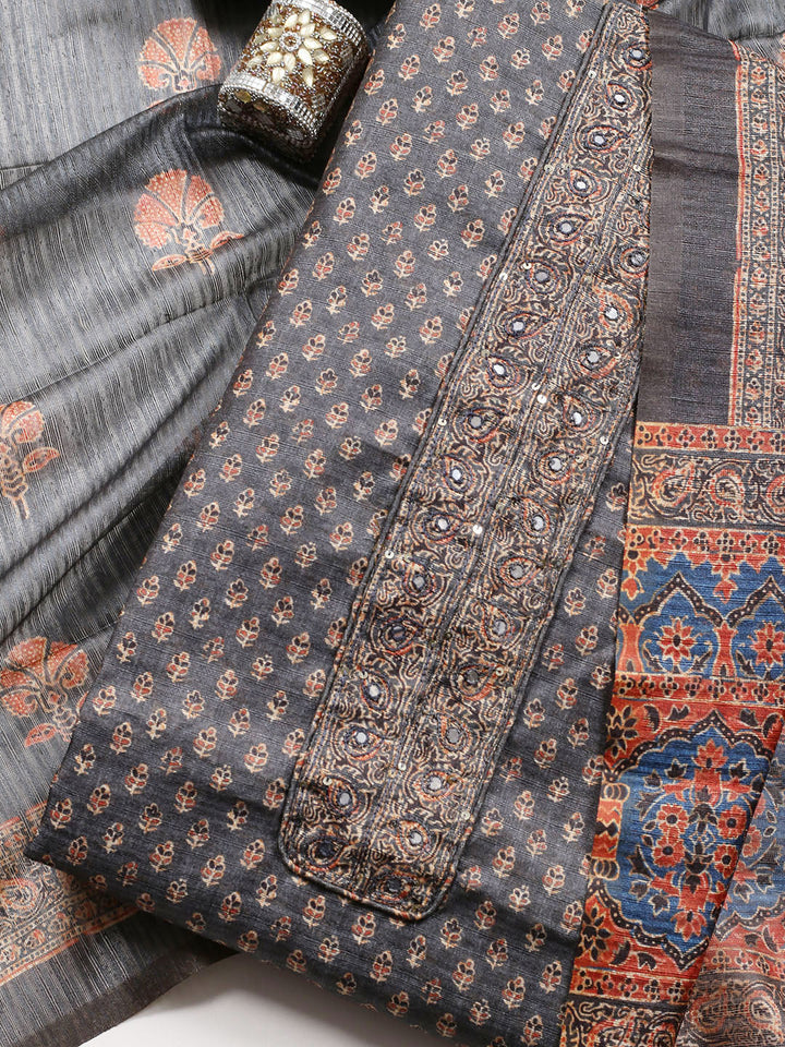 Neck Embroidered Chanderi Unstitched Suit With Dupatta