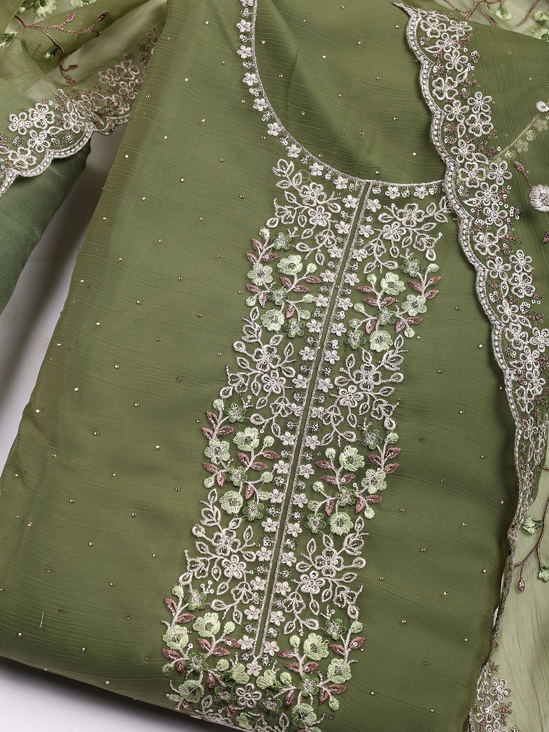 Neck Embroidered Organza Unstitched Suit With Dupatta