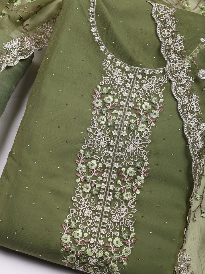 Neck Embroidered Organza Unstitched Suit With Dupatta