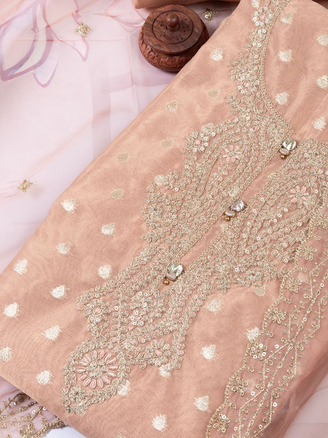 Neck Embroidered Tissue Unstitched Suit Piece With Dupatta
