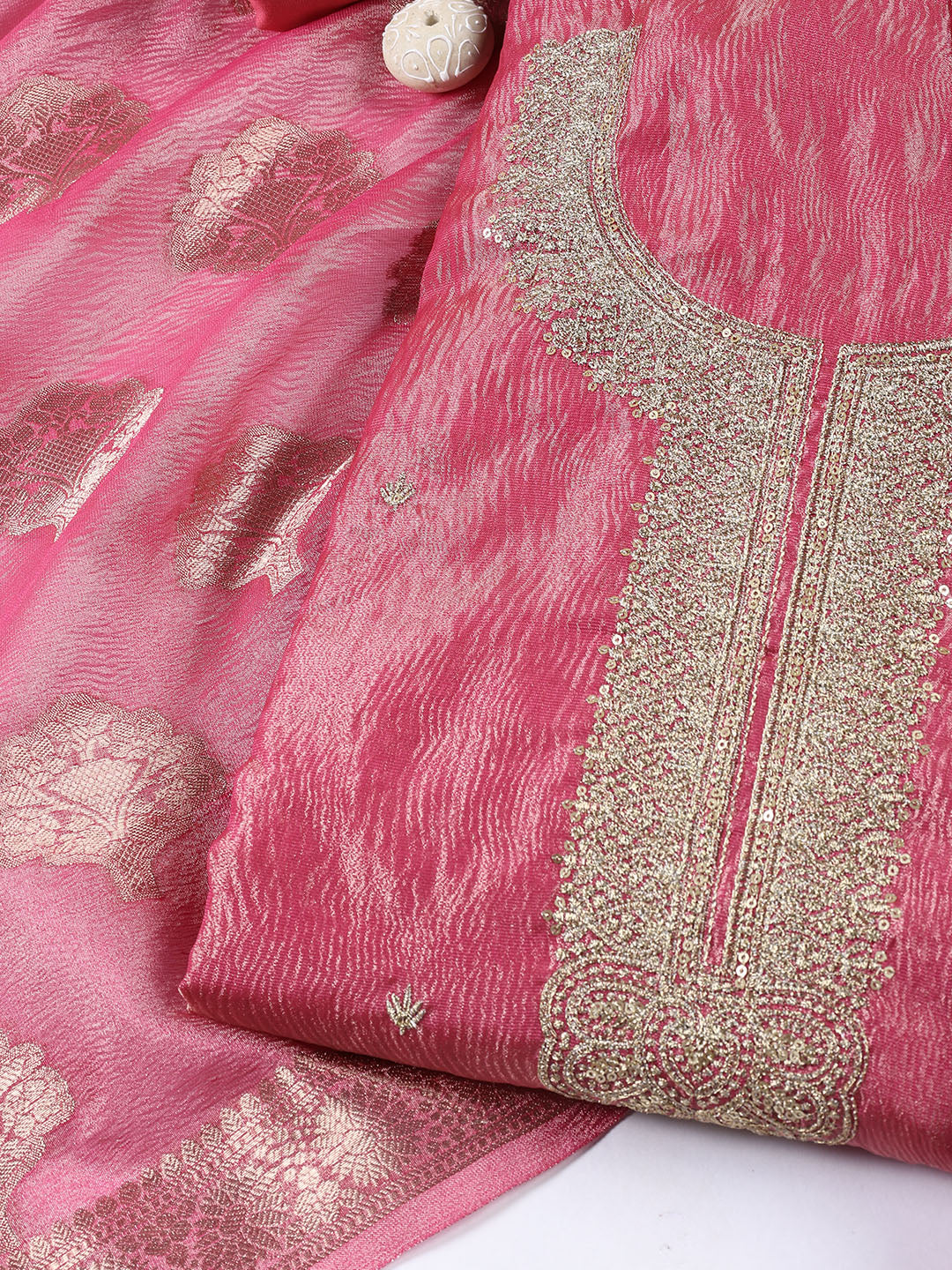 Neck Embroidered Tissue Unstitched Suit Piece With Dupatta