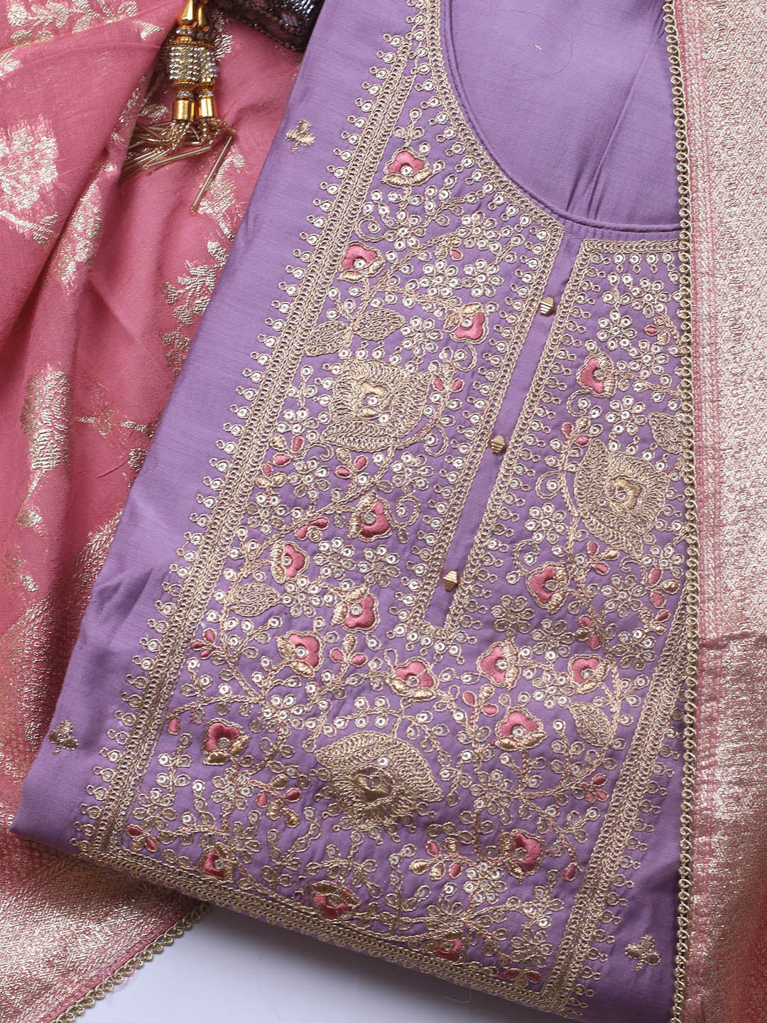 Neck Embroidery Chanderi Unstitched Suit With Dupatta