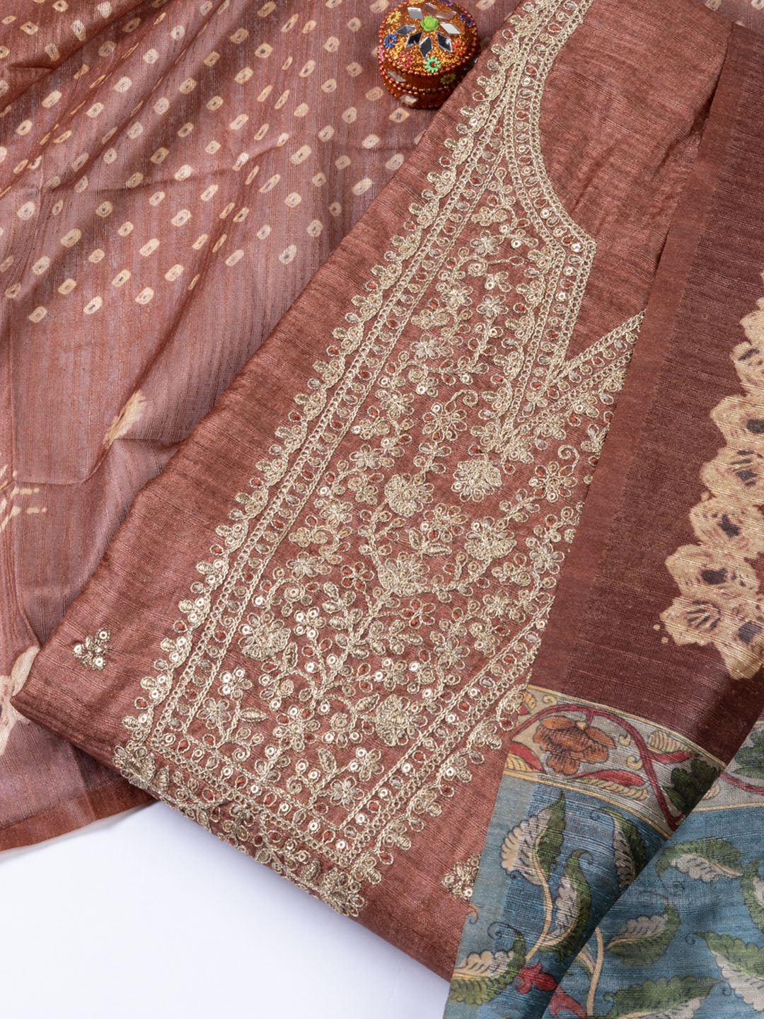 Neck Embroidered Tussar Unstitched Suit Piece With Dupatta